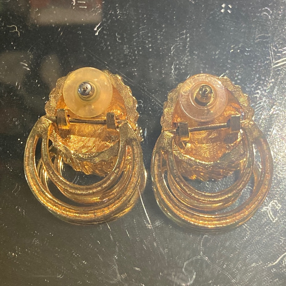 Anne Klein Gold Lion Head Double Hoop Knocker Stud Earrings - Picture 3 of 6